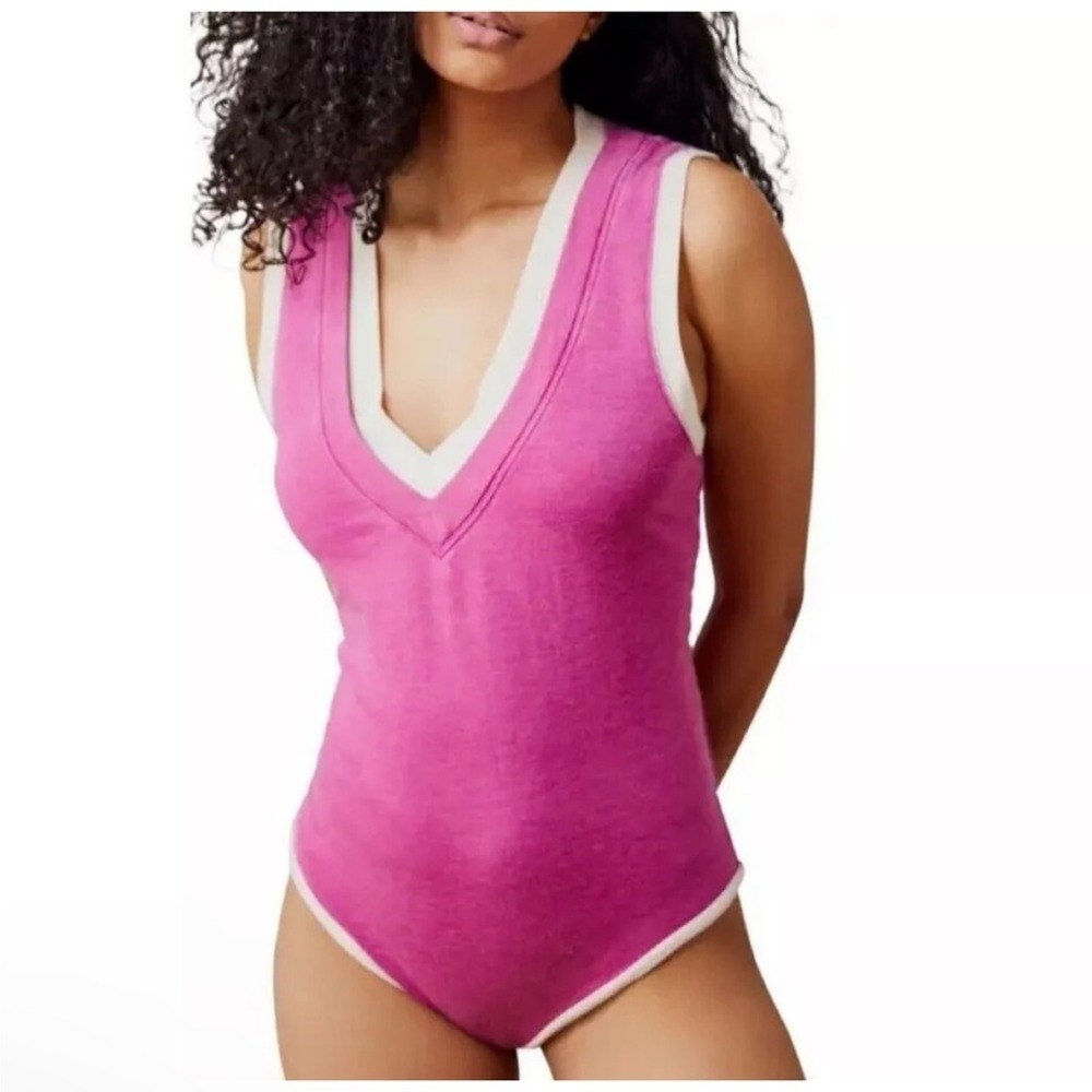 Free People Pink White Bodysuit Deep V-Neck Sleeveless‎ Stretch NWT Size XL